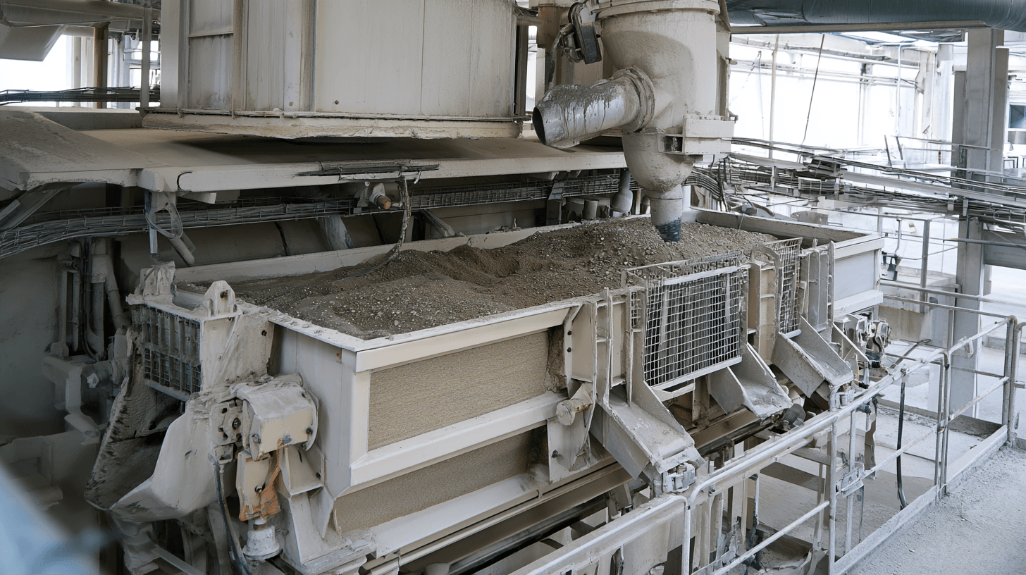 Песок и гравий в весовом бункере перед приготовлением бетона М450 В35